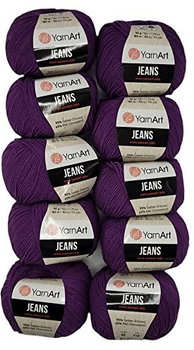 10 x 50g Strickwolle YarnArt Jeans einfarbig mit 55% Baumwolle, 500 Gramm Wolle uni (lila 50)