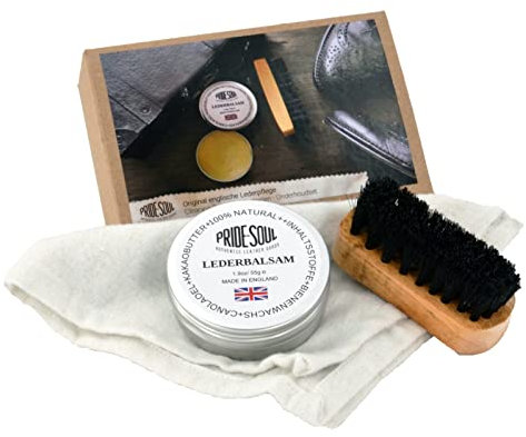 Pride and Soul 44040 - Leder Pflegeset 3-teilig, Original englische Lederpflege, Set mit 55g Lederbalsam aus Bienenwachs, Bürste und Reinigungs- / Poliertuch, 100% natürlich