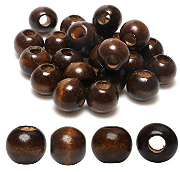 30 braune Makramee-Holzperlen, 25 mm, dunkelbraun, rund, gefärbt, 10 mm Loch für DIY-Dekorationen