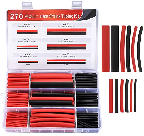 270 Stück Schrumpfschlauche Sortiment Set, Kabel Reparaturset Isolierschlauch 3:1 Schrumpfverhältnis Heat Shrink Tube mit Kleber und Doppelwand für Kabel, DIY Werkzeug Set - Schwarz, Rot