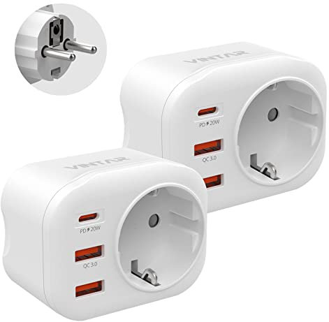 VINTAR 2PC 20W USB Steckdose, 4 in 1 PD & QC 3.0 Schnellladestecker-Adapter, Steckdosenadapter mit 2 USB-Anschlüssen und 1 USB-C-Anschluss, USB Ladegerät 4000W(16A) für Germany