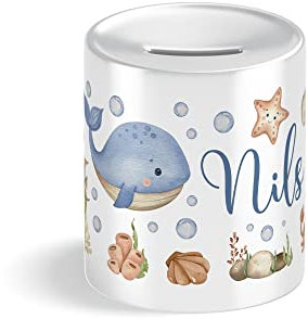 Wal Unterwasser Tiere Kinder-Spardose personalisiert mit Name für Junge Boy zur Einschulung Taufe Geburtstag Geburt Sparschwein (Wal)