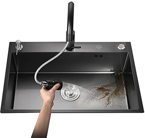 Fregadero De Cocina con Grifo Fregadero De Acero Inoxidable Negro Fregadero De Barra Fregadero De Un Seno Grande Antiadherente Fácil De Limpiar (Color : Nero, S : 80X50X20cm)