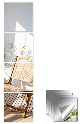 Mirror Tiles, 4PCS Square Wall Mirror Stickers, 26cmX26cm Self Adhesive Mirror Wall, Removable Acrylic Wall Stickers Mirror for Home, Living Room Accessories Stick on Mirrors for Wardrobe Doors