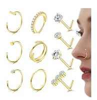 FIOROYAL 10 Stück 𝟏𝟒𝐊 𝐆𝐨𝐥𝐝 Gefüllte Nasenpiercing Chirurgenstahl 20G L Förmiger Nasenstecker für Frauen Männer Nasenring Piercing CZ Silber/Gold Nostril Piercing Schmuck Gold