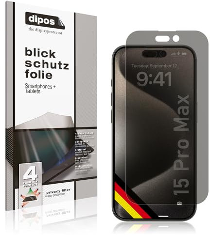 dipos I Privacy Filter compatible with Apple iPhone 15 Pro Max Screen Protector Anti-Spy 4-Way Protection