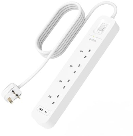 Belkin 4-Outlet Surge Protector Power Strip, Wall-Mountable with 4 AC Outlets, 2M Power Cord, & Green Indicator Light - USB-C Port & USB-A Port w/USB-C PD Fast Charging - 525 Joules of Protection