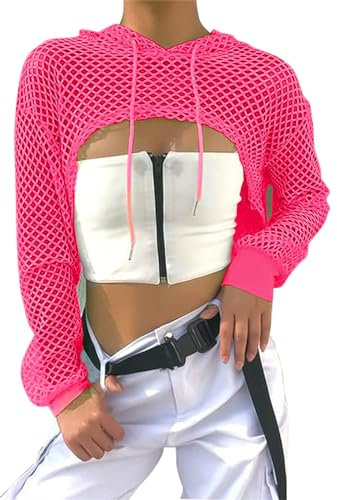 ELFIN Damen Netzshirt Netztop Netzhemd Crop Top 80er Jahre Outfits Karneval Fasching Motto Party Tops Netzoberteil Sommertops, Neon-Pink-Kapuze, XL