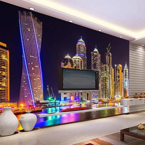 Fototapete Dubai Nachtansicht Stadtgebäude 3D Wandbild Tapeten Wohnkultur Wohnzimmer Hintergrund Wandmalerei 450CM(W)*315CM(H)