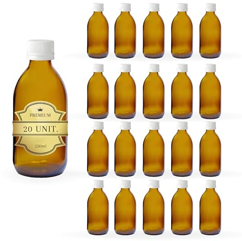 Espirito Rebelde 20x Botella vacía de cristal ámbar de 250 ml con tapa de plástico – Botella para aceites esenciales, cosméticos, productos de laboratorio, medicamentos – Aromaterapia