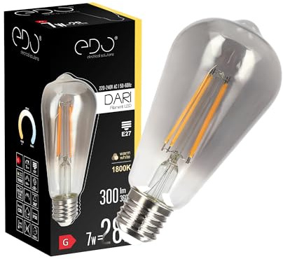 EDO Vintage Glühbirne LED DARI E27 Filament 7W Warmweiß 1800K 300lm SMOKE ST64 Leuchtmittel Energiesparlampe Lampe Dekorative Glühbirne Ideal für Retro- und Industrial-Design