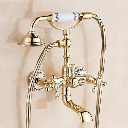 ZYCDP Mitigeur Baignoire Retro Douche Robinet de Bain en Laiton Rétro 2 Trous 2 Poignées Robinet De Baignoire Mural, Doré B