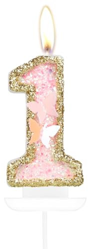 Happy 1st Birthday Butterfly Number 1 Candles, Pink Gold Candles Cake Cupcake Topper for Cake, Girls 1st Birthday Cake Decorations, Butterfly 1st Birthday Candle Cake Topper for Butterfly Theme Party