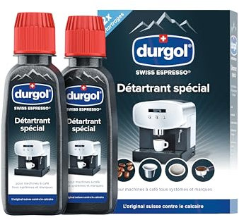 durgol swiss espresso – Détartrant spécial anti-calcaire pour tous types de machines à café – Enlève le calcaire efficacement – Version française – 4 x 125 ml