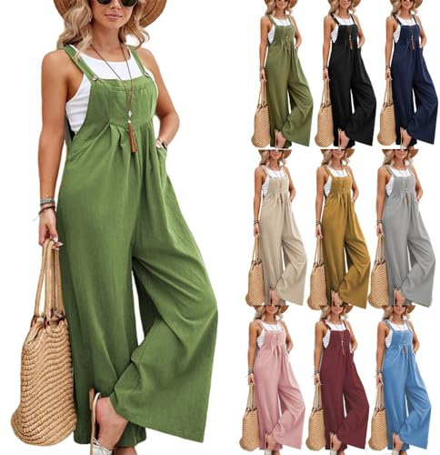 BAWUTZ Latzhose Damen Weite Bein Schlag, Mit Tasche Loose Fit Baggy Playsuits Sommer Lang Hosen Baggy Jumpsuits Frauen Lose Lätzchen Overall mit Verstellbaren (Gras Grün,M)