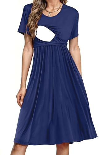 PARNIXS Women's Nursing Dress Summer Short Sleeve Patchwork Pregnancy Clothes with Pockets, Dark Blue, M
