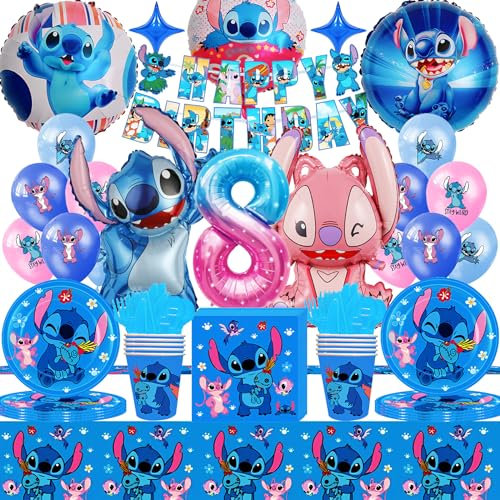 Stit-ch Geburtstagsdeko 8 Jahre, Li-lo und Stit-ch Geburtstag Deko, Stit-ch Luftballon, Geburtstagsparty-Dekorationen,Teller, Becher, Servietten,Tischdecken, Foil Balloons für Kinder Geeignet(Blau)