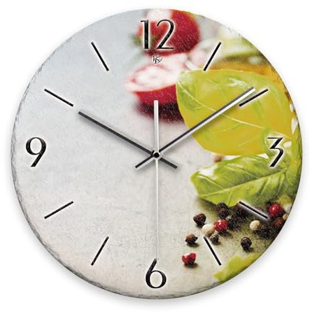 Kreative Feder Wanduhr „Tomate & Basilikum“ aus Stein (Keramik) in Schiefer-Optik; Durchmesser 30cm; mit leisem Uhrwerk (Tomate & Basilikum, leises Funkuhrwerk)