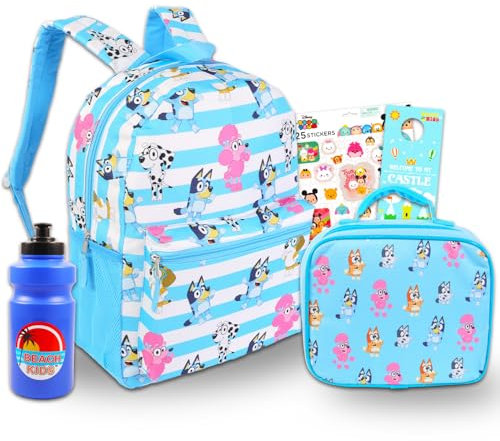 Disney Bluey - Juego de mochila y lonchera – Paquete con mochila Bluey de 16 pulgadas para la escuela, lonchera Bluey, botella de agua, más | Mochila Bluey para niños, niñas, niños