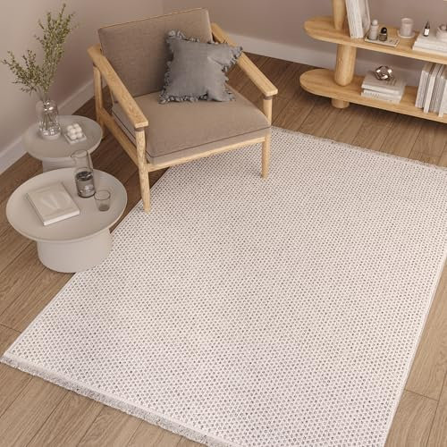 TAPISO Agra Teppich Creme Grau Kariert Schlingen Teppich mit Fransen Modern Boho Design Weich Loop Optik Wohnzimmer Schlafzimmer ÖKO-TEX 300 x 400 cm