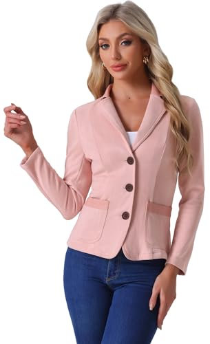 Allegra K Veste en Simili Daim pour Femme avec col à Revers en Cuir et Blazer à 2 Boutons Rose S
