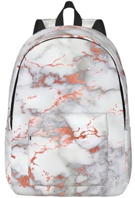 White marble rose gold canvas backpack laptop travel bag, water protection and ergonomic straps for college work, Black, S