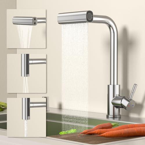 Wasserhahn Küche, Küchenarmatur mit Brause Ausziehbar, Armatur Küche Edelstahl 4 Modus Spültischarmatur Ausziehbar 360° Drehbar, Hochdruck Einhand-Spültischbatterie Mischbatterie Küche
