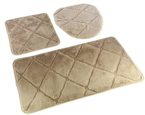 Euromat Badematten 3tlg Badset Badgarnitur Rutschfester Polyester Badteppich Maschinenwaschbar Wasserabsorbierend Muna (Beige)