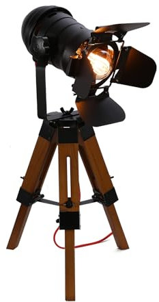 Schwarz Stativ Steh Tischlampe, Industrie Metall Holz Kino Stehscheinwerfer Schreibtischlampe Höhenverstellbares Leselicht Tischleuchte Deko, für Wohnzimmer Kinder Nachtischlampe Café 65 * 32cm