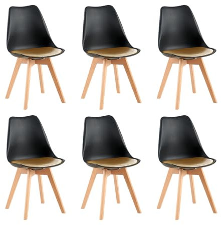 EGGREE Lot de 6 Chaises Salle à Manger Chaises de Cuisine Testé par SGS, 6 Chaises Bureau Scandinaves avec Coussin en Cuir PU et Pieds en Bois de Hêtre Massif, Noir & Doré