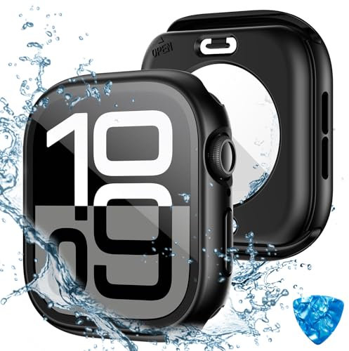 HWeggo [2 en 1] Funda Impermeable para Apple Watch Series 11/10 Funda Protectora 42mm,Cubierta 360°PC con Protector de Pantalla de Cristal Templado,Bumper Frontal y Trasero (Negro)