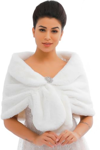 Evlry Frauen Braut Hochzeit Kunstpelz Schal Wrap Braut Pelz Schal Stola Fur Wraps und Tücher für Frauen (weiß, L)