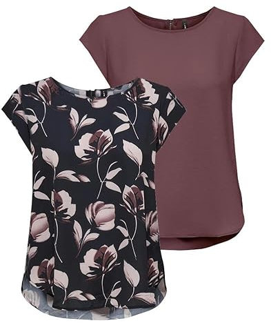 ONLY Damen ONLVIC S/S Solid 2 Pack Top, Kurzarm, Rose Brown/Night Sky/Flower, 44