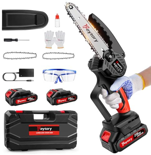 Mini Motosega a Batteria per Potatura con 2x3000mAh Batterie, 700W 6 Pollici Motosega Elettrica con 2 catene e blocco di sicurezza, Sega a Batteria per Potatura per il Taglio del Legno Giardini, rosso