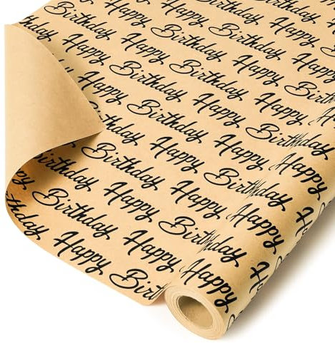 WERNNSAI Happy Birthday Geschenkpapier – 1 Rolle 43 cm x 10 m braunes Kraftpapier für Geburtstagsfeiern Dekorationen und Geschenkverpackungen