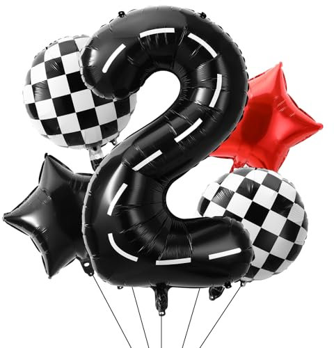 Lusofie 5er-Set Checkered Zahlen ballon geburtstage Folienballons 107cm Schwarz Weiß Rennauto Ballon mit Stern Karo Ballon Rennwagen Auto Luftballon Race Car Theme für Party Deko (2)