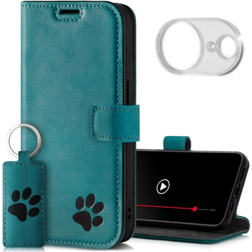 SURAZO Leder Handyhülle für Apple iPhone 16e Hülle mit Kameraschutz und Ständer - Premium Echtleder Schutzhülle mit Kartenfach, RFID Schutz, Pfote Motiv - Flip Case Lederhülle (Türkis)