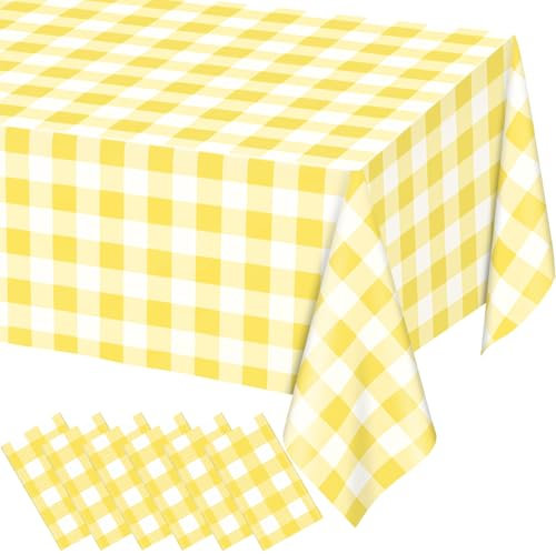 WNINK Lot de 6 nappes rectangulaires en Plastique à Carreaux Jaunes et Blancs - 137,2 x 274,3 cm - pour Anniversaire, Mariage, fête prénuptiale, Pique-Nique, Camping