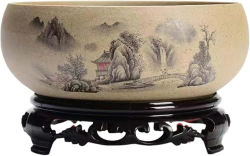 Lotus-Schale aus Keramik mit Ständer – Pflanzschale für Hydrokultur Bonsai, Wasserpflanzen Indoor/Outdoor – Chinesische Designschale für Büro, Garten & Wohnung (c)