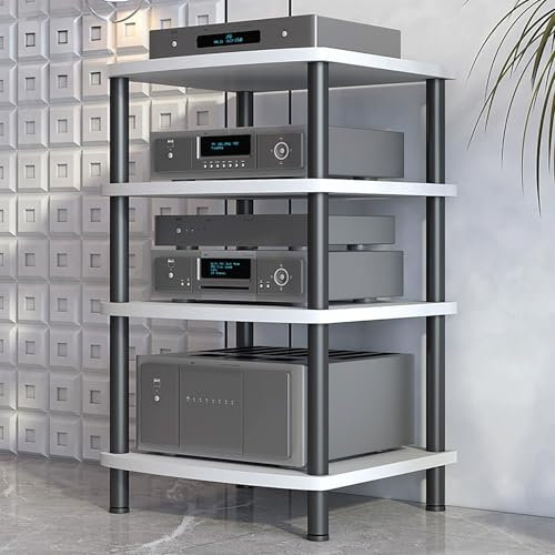 WJFTODAY Video-Audio-Rack, Video-Medienständer, AV-Audio-Rack, Rahmen aus Kohlenstoffstahk, modernes TV-Regal, Medienaufbewahrungsschrank aus Holz, für DVD-Player, TV-Zubehör (weiß, 4 Ebenen, 60 x 54