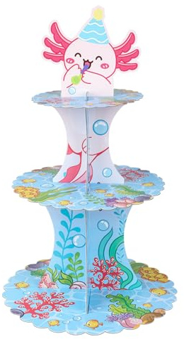 Tinoaly 3-Stöckiger Axolotl-Cupcake-Ständer, Süßer Rosa Cartoon Tier Party Kuchenhalter aus Pappe Dessertturm Mexikanischer Salamander Geburtstagsdekoration für Kinder Babypartys