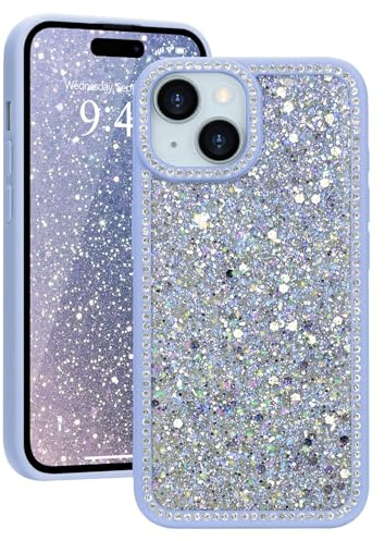 Ethanger Glitter Rhinestone Crystal Case for iPhone 15 Plus/14 Plus, Purple | Glamorous Sparkling Back, Aesthetic Bling Diamond Cover, for Women Girls, Shockproof Protective Phone Case
