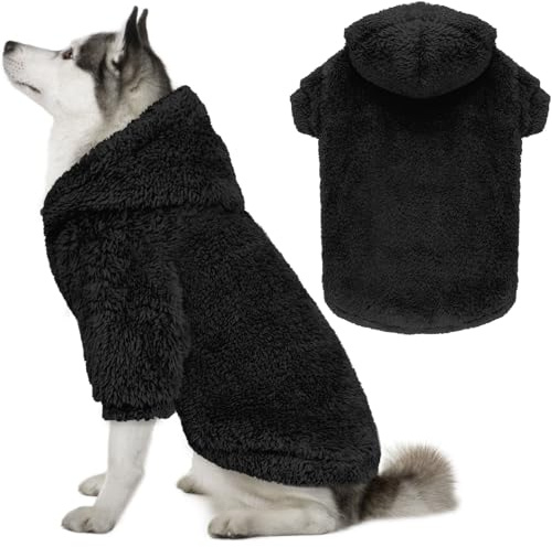 Fuzzy Hundepullover für große Hunde, weich, doppelseitig, Plüsch-Fleece, Haustierpullover, Kleidung, Haustiermäntel, Hunde-Kapuzenpullover, Sherpa-Kapuzen-Sweatshirt (Schwarz, XXL)