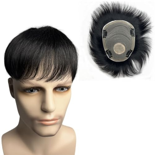 GUHPZA Haarersatzsysteme Für Männer, Natürliches Toupet Aus Menschlichem Haar Mit 4 Clips Für Kurzes Haar, Herrenperücke, Männliche Teile Für Männer, System Zum Ersatz,Natural Black-16x18cm