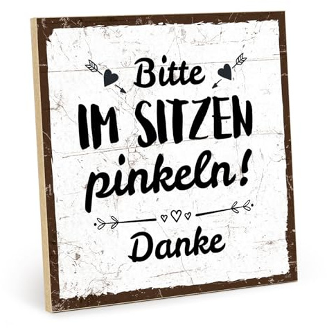 TypeStoff Holzschild mit Spruch - Bitte im Sitzen Pinkeln - im Vintage-Look mit Zitat als Geschenk und Dekoration zum Thema Toilette und Badezimmer - HS-01546