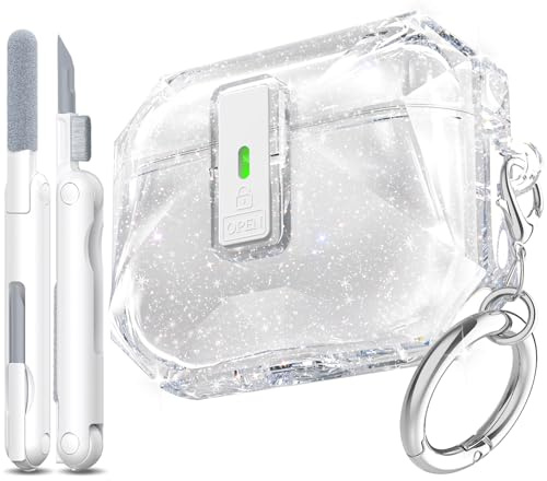 R-fun Schutzhülle für AirPods Pro 3 (2025) mit Reinigungsset, stoßfest in Militärqualität, transparent, vergilbungsfrei, automatisch aufspringendes Deckeldesign für AirPods Pro 3, Glitzer
