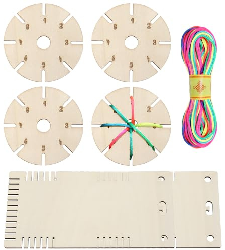 Kumihimo - Lot de 6 disques tressés en bois - Avec 4 disques ronds tressés - 2 carrés et cordon de 25 mm - Pour bracelets à faire soi-même, cadeaux d'anniversaire, festivals