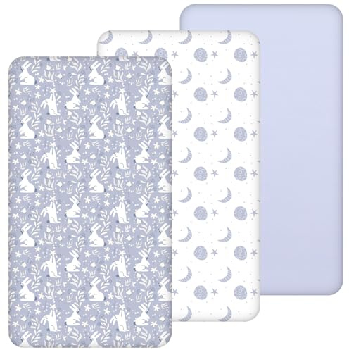 Yukkidds Spannbettlaken Baby für Beistellbett Stubenwagen 90x55 cm | Weich & Atmungsaktiv Mikrofaser, 3er Pack Bettlaken Spannbetttuch Matratzenbezug für Kinderwagen Babybett 50x90, Blauer Hase