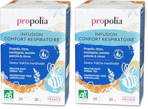 PROPOLIA - Bio - Infusion confort respiratoire - Propolis, Thym, Eucalyptus, Menthe poivrée & Citron - Fabriquée en France - 20 Sachets (Lot de 2)