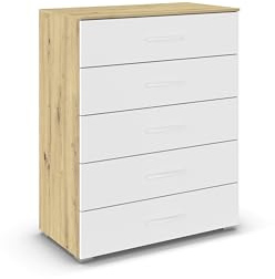 Rauch Möbel ADITIO, Kommode, Farbe Weiß/Eiche Artisan, Breite 80 cm | Highboard im zeitlosen Stil, 5 Schubladen, Soft-Close-Funktion, für Schlafzimmer, Gästezimmer, Wohnzimmer, Garderobe, Flur